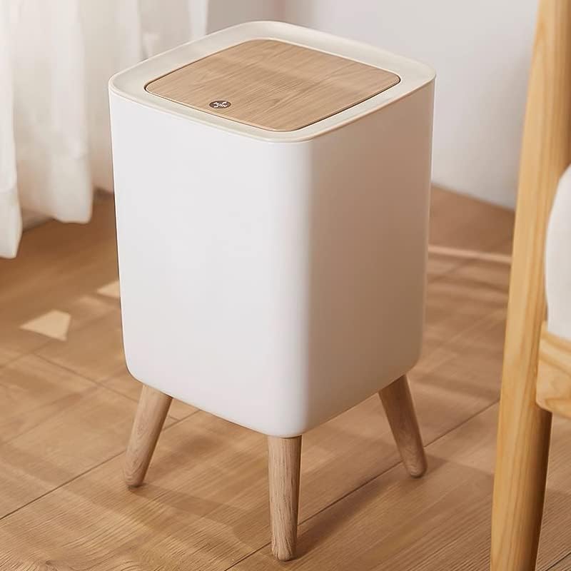 MIXEN Bathroom Trash Cans with Lids, 2.6 Gallon Modern Office Trash Can for Near Desk, Kitchen Garbage Can Small Garbage Bin, Nordic Waste Bin with Button Waste Basket for Bedroom, Living Room, White - Image 1