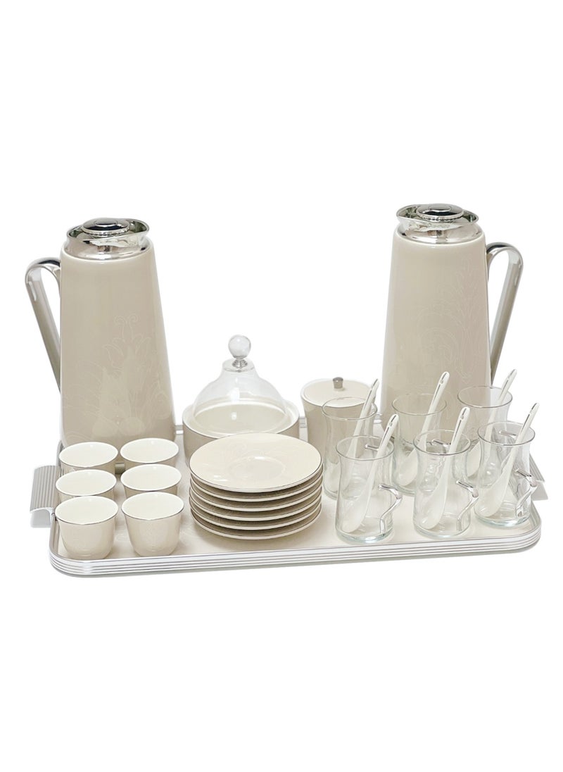 Porcelain Tea Set 29Pcs Elegant, 2-Flasks, 6-Tea Cups, 6-Saucers, 6-Cawa Cups, 1-Sugar pot, 1-Date Bowl, 6-Coffee Spoon, 1-Metal Tray (61X38.5CM) - pzsku/ZE4BB0CBAAF43D78BEC51Z/45/_/1710913944/34bec9d4-9e8f-4ab7-aeb3-54055ce7c960