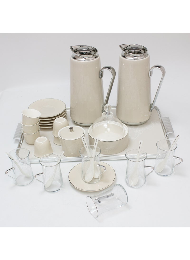 Porcelain Tea Set 29Pcs Elegant, 2-Flasks, 6-Tea Cups, 6-Saucers, 6-Cawa Cups, 1-Sugar pot, 1-Date Bowl, 6-Coffee Spoon, 1-Metal Tray (61X38.5CM) - pzsku/ZE4BB0CBAAF43D78BEC51Z/45/_/1711016877/7b070366-0a93-4714-bc86-dd7d9df9d05c