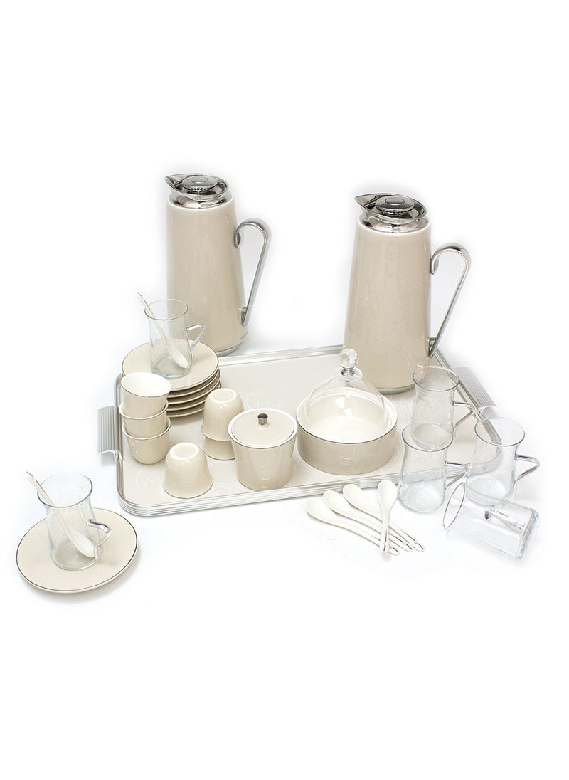 Porcelain Tea Set 29Pcs Elegant, 2-Flasks, 6-Tea Cups, 6-Saucers, 6-Cawa Cups, 1-Sugar pot, 1-Date Bowl, 6-Coffee Spoon, 1-Metal Tray (61X38.5CM) - pzsku/ZE4BB0CBAAF43D78BEC51Z/45/_/1711016938/54ce4ea7-9cf4-41b5-988a-883a0a2597a1