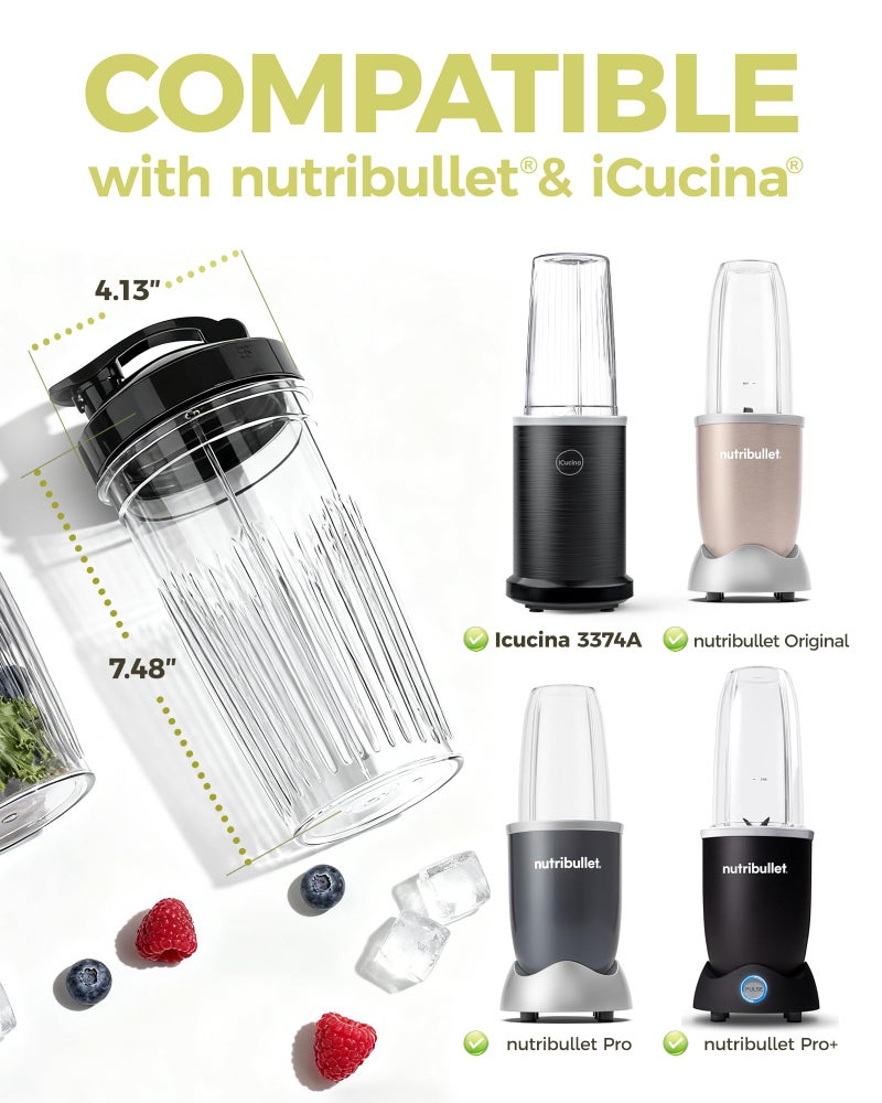 ICUCINA Replacement Blender Cups, Compatible with NutriBullet 600W/Pro 900W/Pro+, 37oz BPA-Free Tritan Smoothie Cups with Flip-Top To-Go Lids, 2-Pack Blender Accessories, Dishwasher Safe - Image 2