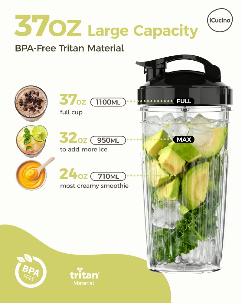 ICUCINA Replacement Blender Cups, Compatible with NutriBullet 600W/Pro 900W/Pro+, 37oz BPA-Free Tritan Smoothie Cups with Flip-Top To-Go Lids, 2-Pack Blender Accessories, Dishwasher Safe - Image 3
