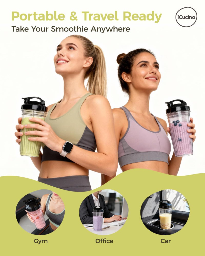 ICUCINA Replacement Blender Cups, Compatible with NutriBullet 600W/Pro 900W/Pro+, 37oz BPA-Free Tritan Smoothie Cups with Flip-Top To-Go Lids, 2-Pack Blender Accessories, Dishwasher Safe - Image 4