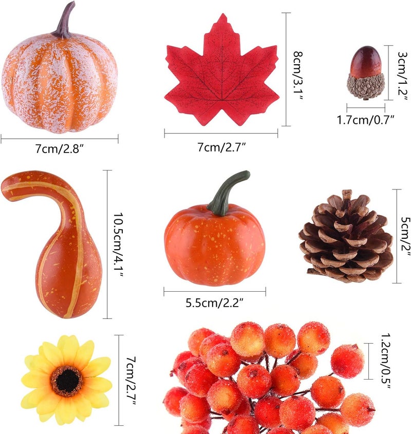 FEPITO 156 Pcs Fall Thanksgiving Decorations, Mini Artificial Pumpkins, Pine Cones, Fall Leaves, Acorns，Sun Flowers and Red Berries for Fall Party Decorations Thanksgiving Party Supplies - Image 3