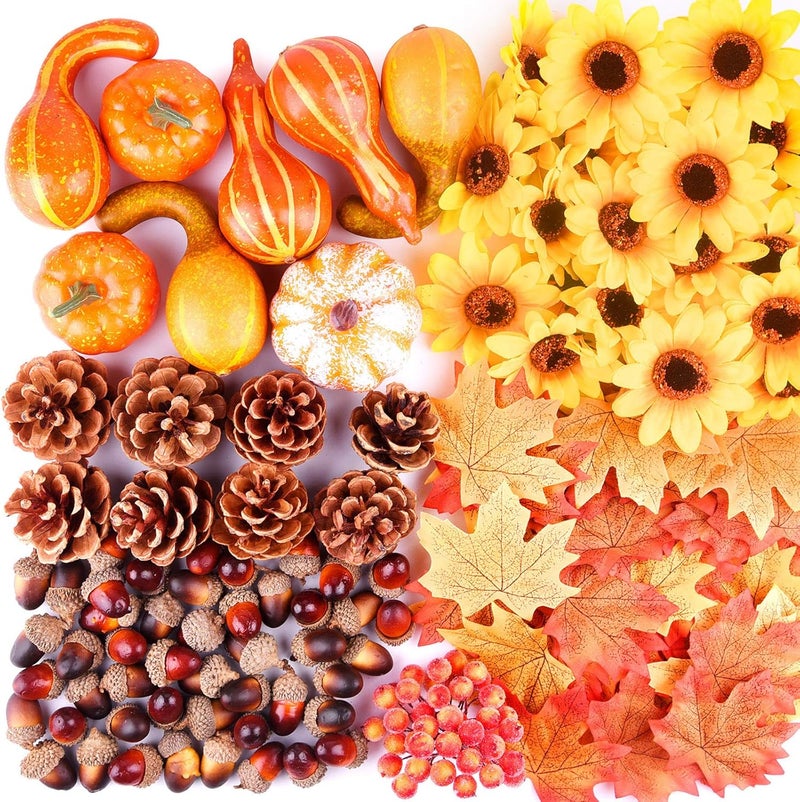 FEPITO 156 Pcs Fall Thanksgiving Decorations, Mini Artificial Pumpkins, Pine Cones, Fall Leaves, Acorns，Sun Flowers and Red Berries for Fall Party Decorations Thanksgiving Party Supplies - Image 1