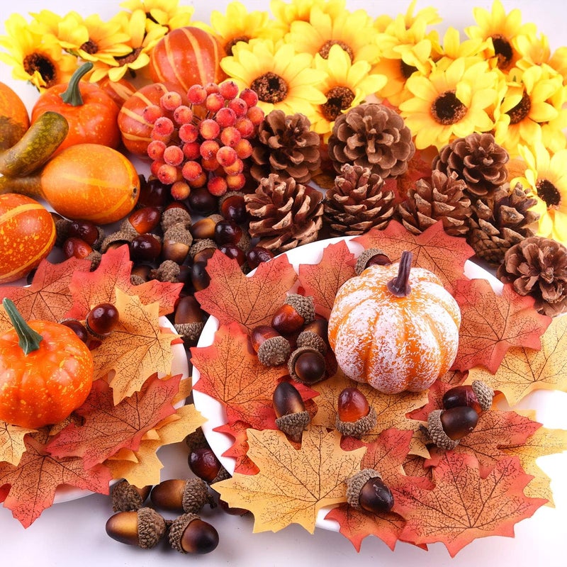 FEPITO 156 Pcs Fall Thanksgiving Decorations, Mini Artificial Pumpkins, Pine Cones, Fall Leaves, Acorns，Sun Flowers and Red Berries for Fall Party Decorations Thanksgiving Party Supplies - Image 4