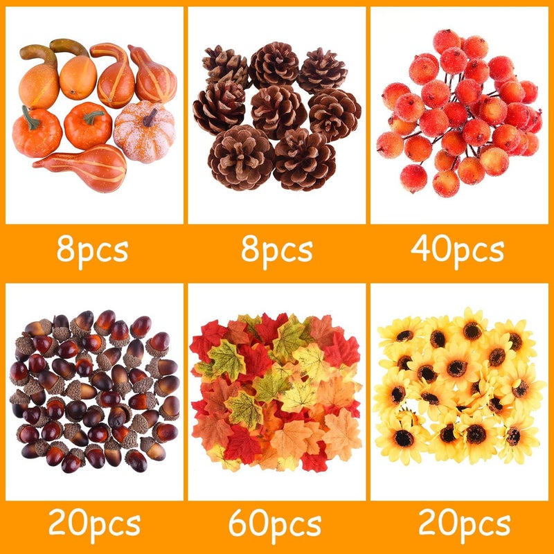 FEPITO 156 Pcs Fall Thanksgiving Decorations, Mini Artificial Pumpkins, Pine Cones, Fall Leaves, Acorns，Sun Flowers and Red Berries for Fall Party Decorations Thanksgiving Party Supplies - Image 2