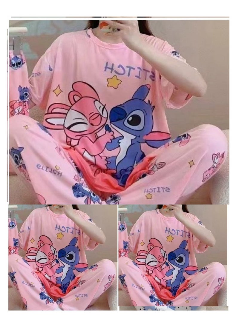 BAIG - Short Sleeve Trousers 2 Pieces set Women's Nightwear Pajama & Shirt Cute Female  Summer Anime Nylon Cartoon Wear Outside Tracksuit Set - Image 1