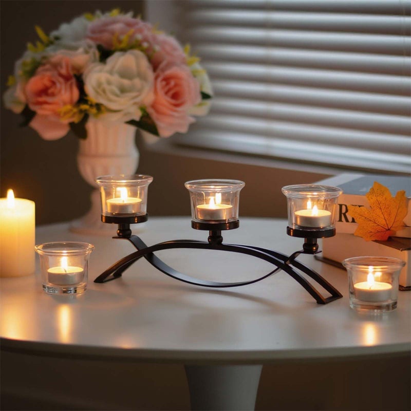 kehail 3-Arm Metal Tea Light Candle Holder Set with 5 Glass Cups, Votive Candle Holders Centerpiece Candelabra for Wedding Table Decor, Home Gatherings and Holidays (Black, 5 Cups) - Image 5