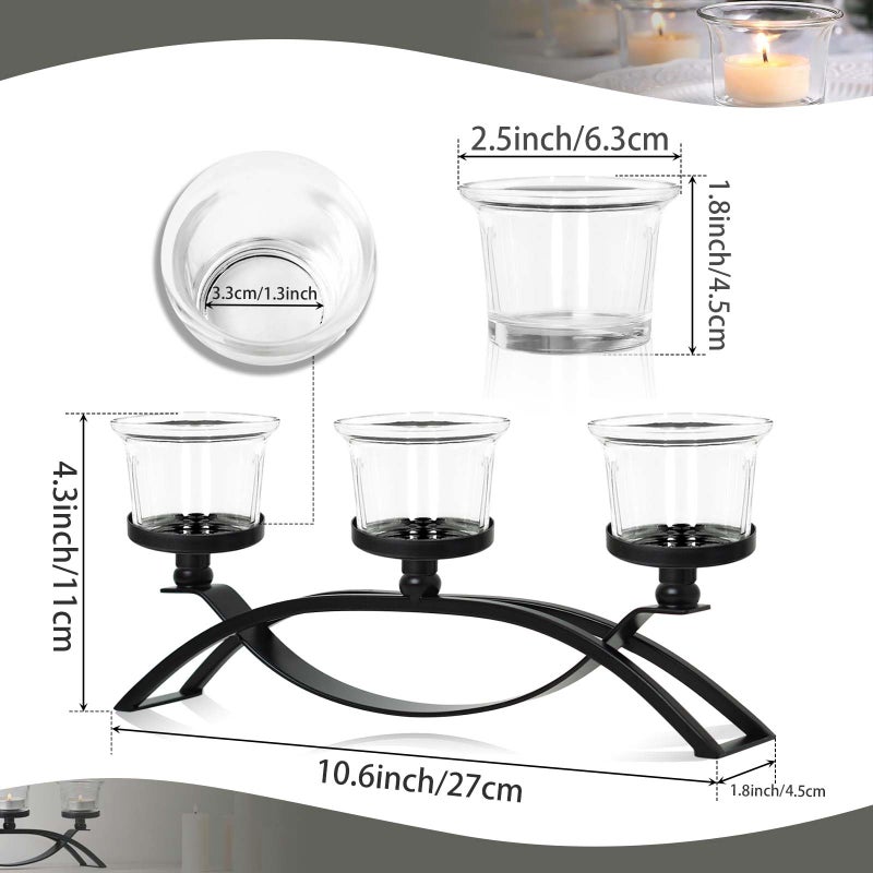 kehail 3-Arm Metal Tea Light Candle Holder Set with 5 Glass Cups, Votive Candle Holders Centerpiece Candelabra for Wedding Table Decor, Home Gatherings and Holidays (Black, 5 Cups) - Image 2