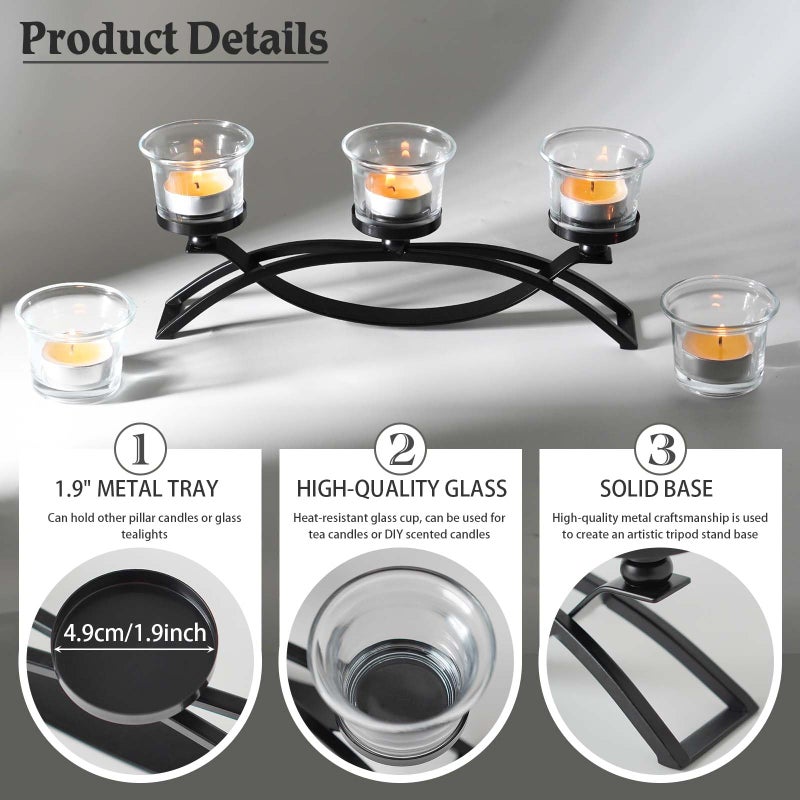 kehail 3-Arm Metal Tea Light Candle Holder Set with 5 Glass Cups, Votive Candle Holders Centerpiece Candelabra for Wedding Table Decor, Home Gatherings and Holidays (Black, 5 Cups) - Image 3