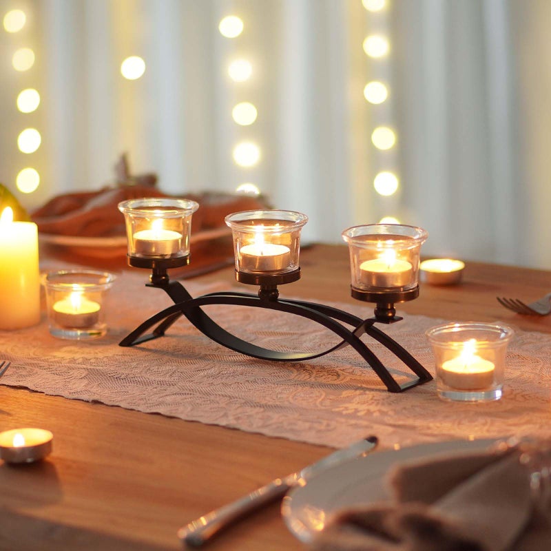 kehail 3-Arm Metal Tea Light Candle Holder Set with 5 Glass Cups, Votive Candle Holders Centerpiece Candelabra for Wedding Table Decor, Home Gatherings and Holidays (Black, 5 Cups) - Image 4