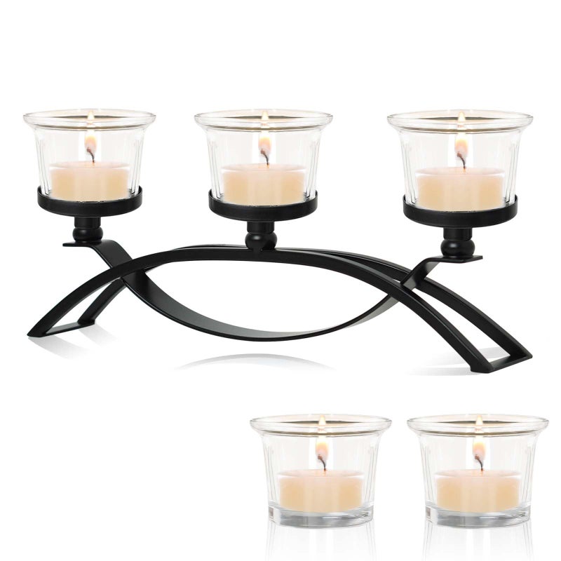 kehail 3-Arm Metal Tea Light Candle Holder Set with 5 Glass Cups, Votive Candle Holders Centerpiece Candelabra for Wedding Table Decor, Home Gatherings and Holidays (Black, 5 Cups) - Image 1