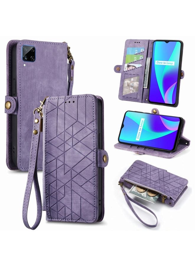 HuHa Case Cover For Realme C15 / C12 / C25S Geometric Zipper Wallet Side Buckle Leather Phone Case Purple 