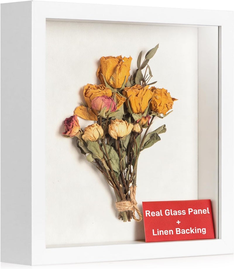 3d deep shadow box frame 8x8in with Real Glass Panel and Soft Linen Back, 8x8in(20.32x20.32cm) White 3d deep picture photo frames box display Craft Flower Baby Pet Wedding Photo Memorial Gift - Image 1