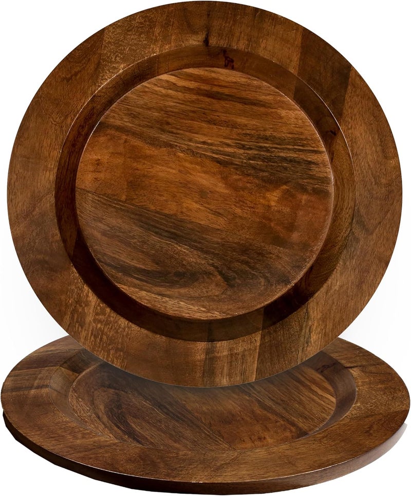 CLEENTABLE 13 Wooden Charger Plates Set of 2 Handcrafted Mango Wood Dinner Plate Chargers for Weddings Parties Rustic Table Decor Indoor Outdoor Dining  Walnut Finish - Image 1