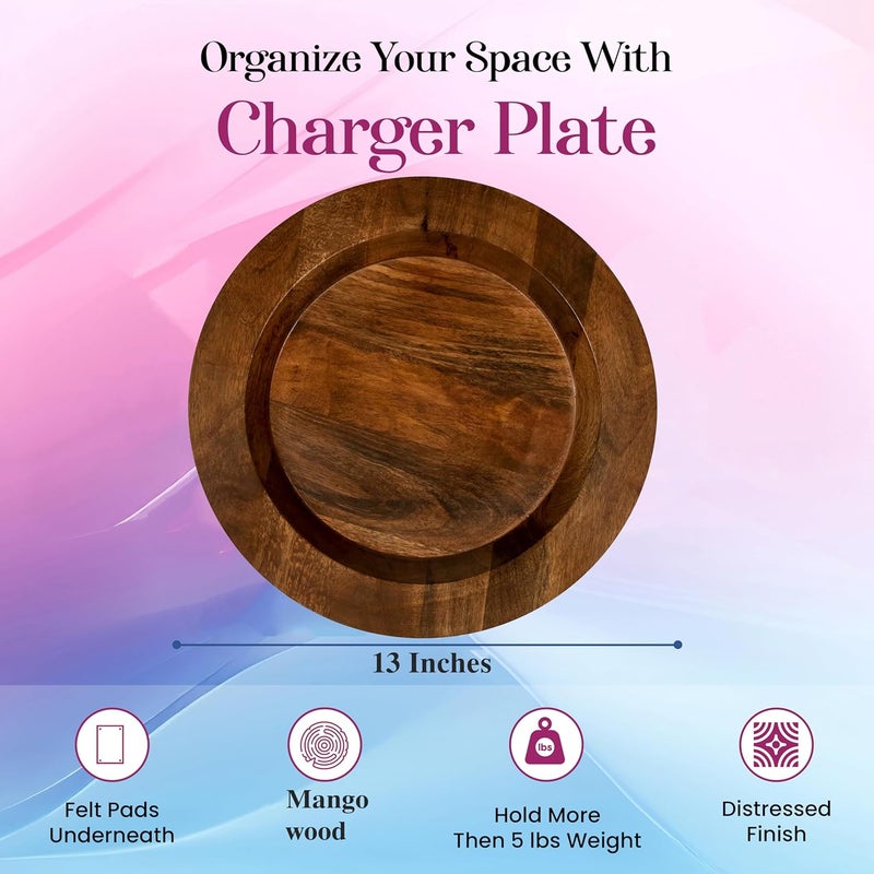 CLEENTABLE 13 Wooden Charger Plates Set of 2 Handcrafted Mango Wood Dinner Plate Chargers for Weddings Parties Rustic Table Decor Indoor Outdoor Dining  Walnut Finish - Image 3