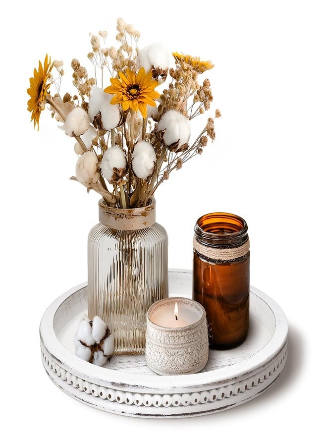 CEDARLUX Decorative Serving Tray Wood-Wooden Tray for Decor, White Farmhouse Bead Round Trays for Coffee Table Decor, Rustic Centerpiece for Living Room Kitchen Counter, Entryway - Image 1