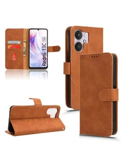 HuHa Case Cover For Xiaomi Redmi 13C 5G Skin Feel Magnetic Flip Leather Phone Case Brown 