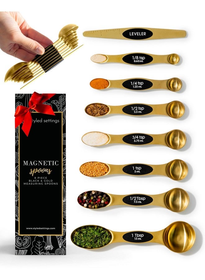 styled settings Magnetic Measuring Spoons Set - Stainless Steel Gold Measuring Spoons for Cooking and Baking - Cute and Durable Gold Kitchen Accessories - Great for Gifting - Image 1