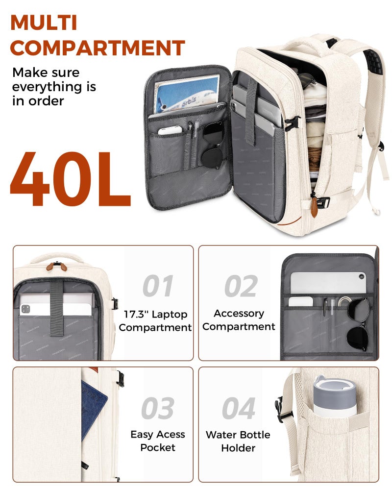 Vancropak Travel Backpack for Women, Airline Approved Carry On Backpack with 3 Packing Cubes, Expandable Large 40L Travel Bag fits 17" Laptop, Anti Theft Luggage Suitcase Weekend Daypack, White Brown - Image 2