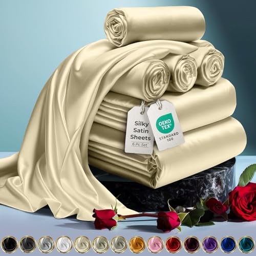 DECOLURE Satin Bed Sheets  6 Piece Luxury Silky King Size Bedding Set  Softer Than Silk WrinkleFree with 15 Deep Pocket Fitted Sheet Perfect for Hair  Skin Gifts for Women Champagne