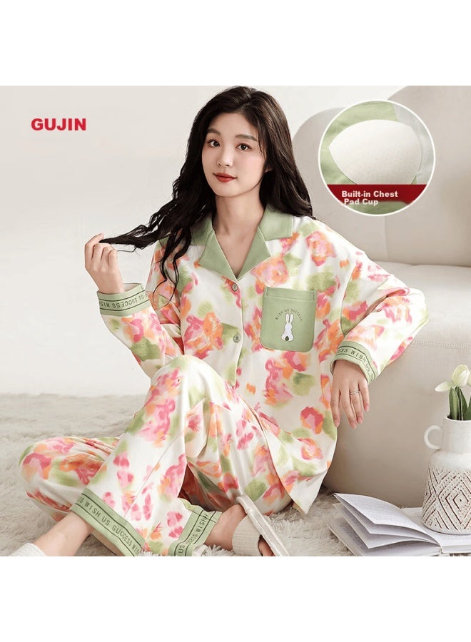 Gujin Women's Autumn Winter Cotton Padded Long Sleeve Long Pants Lapel Cardigan Comfortable Homewear Pajamas - Image 2