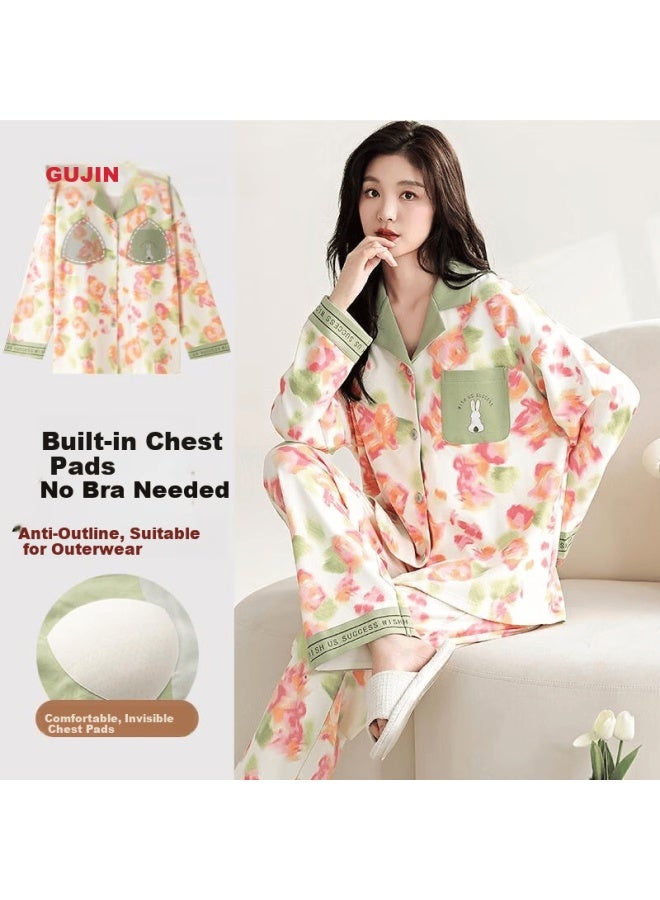 Gujin Women's Autumn Winter Cotton Padded Long Sleeve Long Pants Lapel Cardigan Comfortable Homewear Pajamas - Image 1