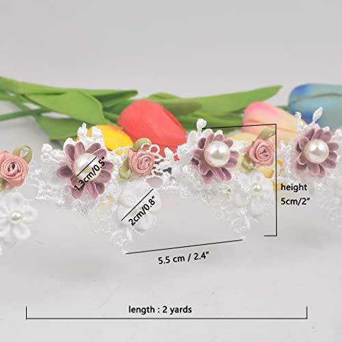 Kuasting 2 Yard Vintage Pearl Flower Ribbon Scallop Edge Trim Sewing Lace Trim Handmade DIY Sewing Supplies for Dress Embellishment (Pearl lace) - Image 2
