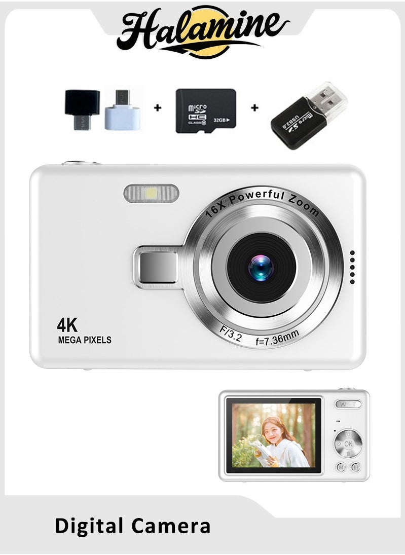 Halamine Digital Camera, FHD 4K Kids Camera 44MP Point and Shoot Digital Cameras with 32GB SD Card,White  - Image 1