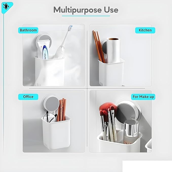 Puno 2 Pcs Wall-Mounted Bathroom Storage Cups | Self-Adhesive Toothbrush Holders with Drain Holes | Multipurpose Organizer for Sink, Kitchen, Office & Makeup - Image 5