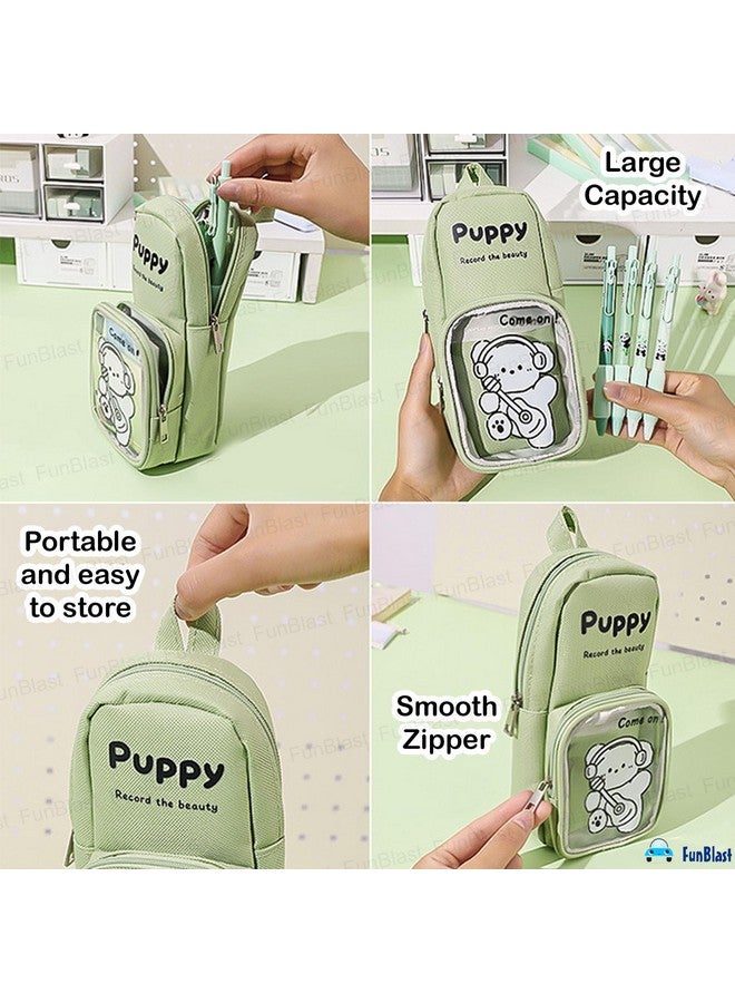 FunBlast Pencil Pouch, Stylish Pencil case, Large Capacity Hangable Canvas Pencil Case, Cute Cartoon Theme Pouch for Kids, Kawaii Pencil Case (Green) - Image 3