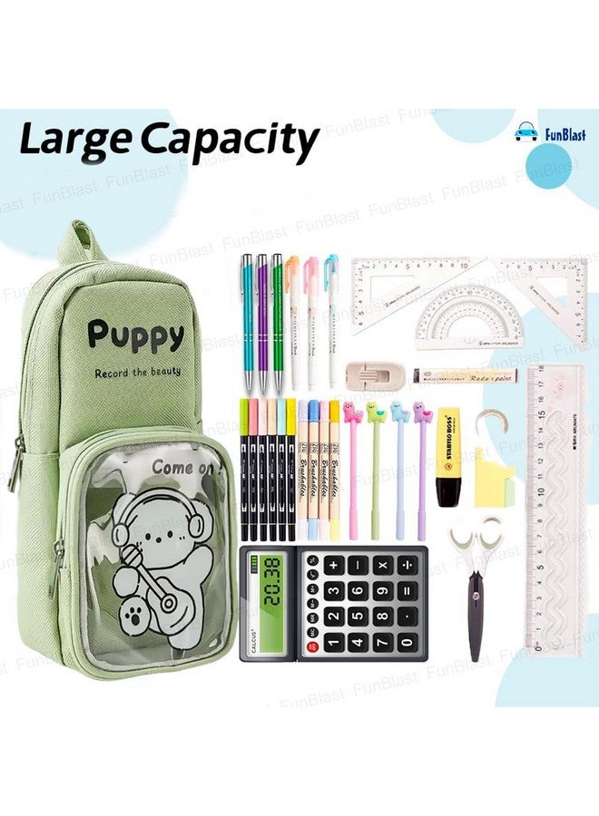 FunBlast Pencil Pouch, Stylish Pencil case, Large Capacity Hangable Canvas Pencil Case, Cute Cartoon Theme Pouch for Kids, Kawaii Pencil Case (Green) - Image 4