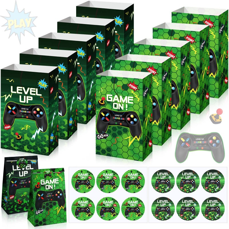 Geosar 30 Pcs Video Game Party Bags Gamer Theme Gift Bags Bulk Party Favors with 30 Stickers Reusable Goodie Treat Candy Snacks Paper Supplies for Boys Kids Birthday Gift DecorationsGreen