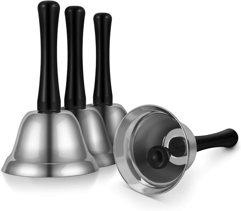 Flexzion Hand Bells - Call Bell with Black Handle & Silver Steel Ringer for Desk Service, Classroom, Reception, Hotel, Hospital, Alarm, Help Summon, Wedding Event, Witchcraft, Decoration, 4 Pack - Image 1
