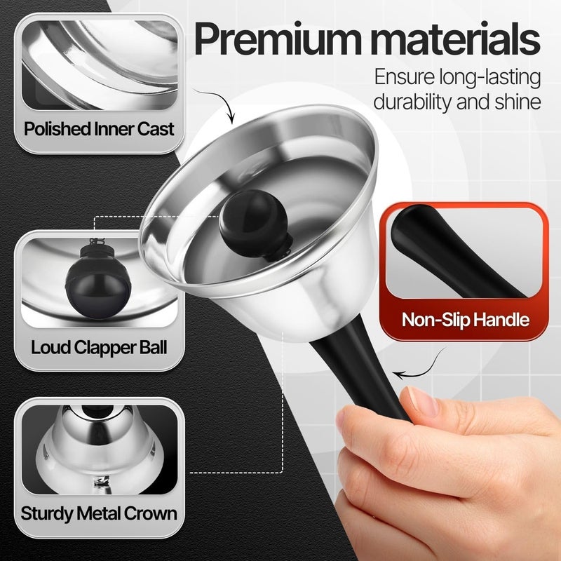 Flexzion Hand Bells - Call Bell with Black Handle & Silver Steel Ringer for Desk Service, Classroom, Reception, Hotel, Hospital, Alarm, Help Summon, Wedding Event, Witchcraft, Decoration, 4 Pack - Image 5