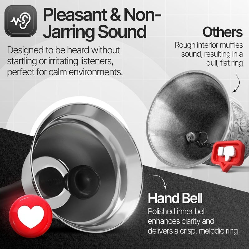 Flexzion Hand Bells - Call Bell with Black Handle & Silver Steel Ringer for Desk Service, Classroom, Reception, Hotel, Hospital, Alarm, Help Summon, Wedding Event, Witchcraft, Decoration, 4 Pack - Image 4