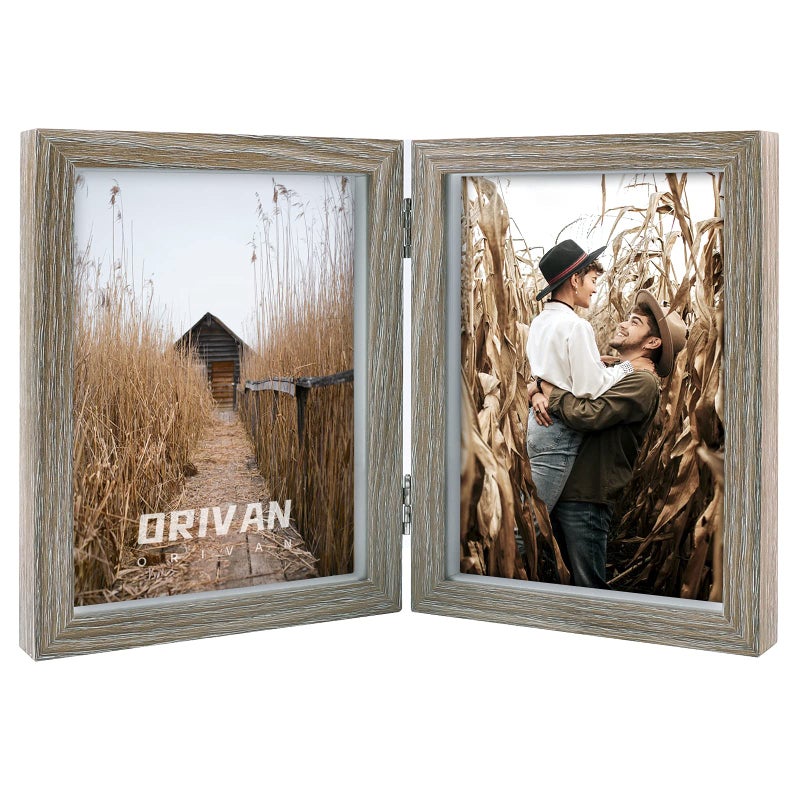 ORIVAN Double 5x7 Picture Frame Hinged Frame Vertical MDF Wood Photo Frames with Glass Front Gray