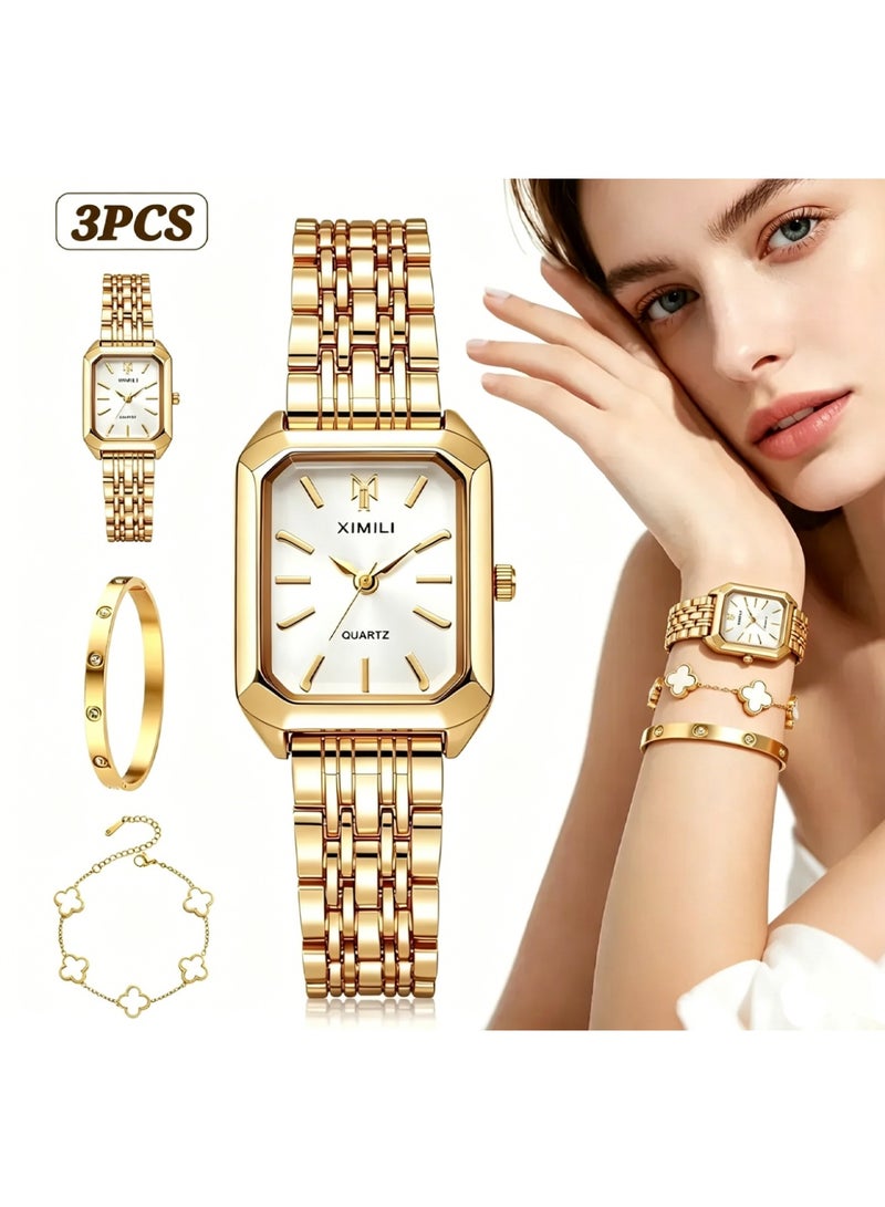 XIMILI Women Fashion Watch Metal Case Band Luxury Analog Wrist Watch Glittering Quartz Watch and Gold Bracelet Set - Image 1