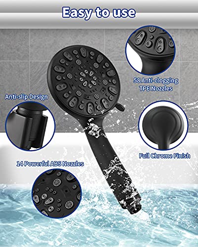 VMASSTONE High Pressure Handheld Shower Head VMASSTONE 7-Spray Setting Showerhead Kit with 59" Stainless Steel Hose and Adjustable Mount for Showering Enjoyment Even at Low Water Flow (HM-002 Matte Black) - Image 4