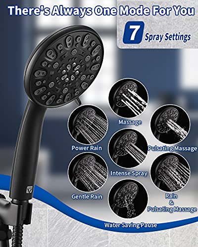 VMASSTONE High Pressure Handheld Shower Head VMASSTONE 7-Spray Setting Showerhead Kit with 59" Stainless Steel Hose and Adjustable Mount for Showering Enjoyment Even at Low Water Flow (HM-002 Matte Black) - Image 2