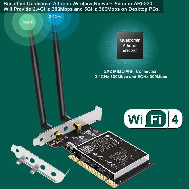 FebSmart Wireless N Dual Band 600Mbps (2.4GHz 300Mbps or 5GHz 300Mbps) PCI WiFi Adapter for Windows 11, 10, 8.x, 7, XP (32/64bit) and Windows Server Desktop PCs, PCI Interface WiFi Card (PCI-N600) - Image 2