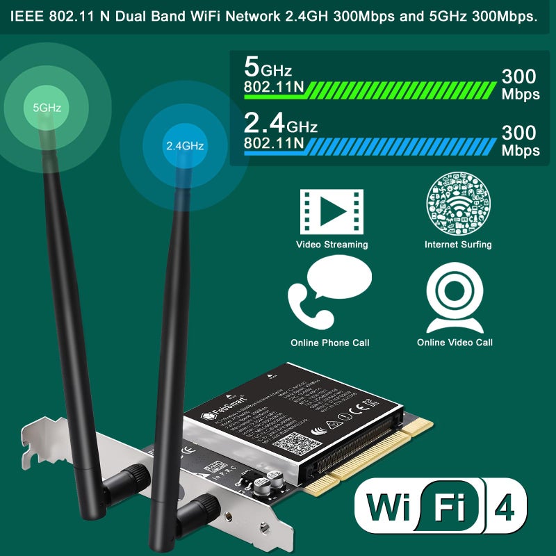 FebSmart Wireless N Dual Band 600Mbps (2.4GHz 300Mbps or 5GHz 300Mbps) PCI WiFi Adapter for Windows 11, 10, 8.x, 7, XP (32/64bit) and Windows Server Desktop PCs, PCI Interface WiFi Card (PCI-N600) - Image 3