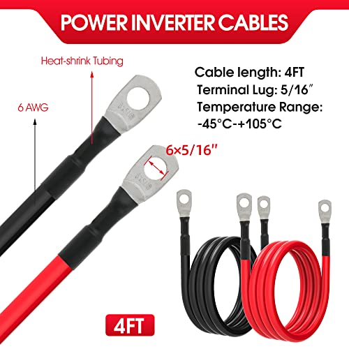 TUELETFU كابلات بطارية 6 AWG كابل عاكس طاقة بطارية 6 قياس مع لقم نحاسية مغطاة بالقصدير بحجم 5/16 بوصة في كلا الطرفين للسولار والبحرية والقوارب وRV والسيارات والدراجات النارية 2 قطع (4 أقدام) - Image 2