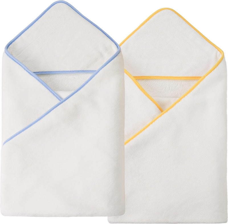 POLYTE Premium Hypoallergenic Microfiber Hooded Baby Bath Towel 36 x 36 in 2 Pack White wYellowBlue Trim - Image 1