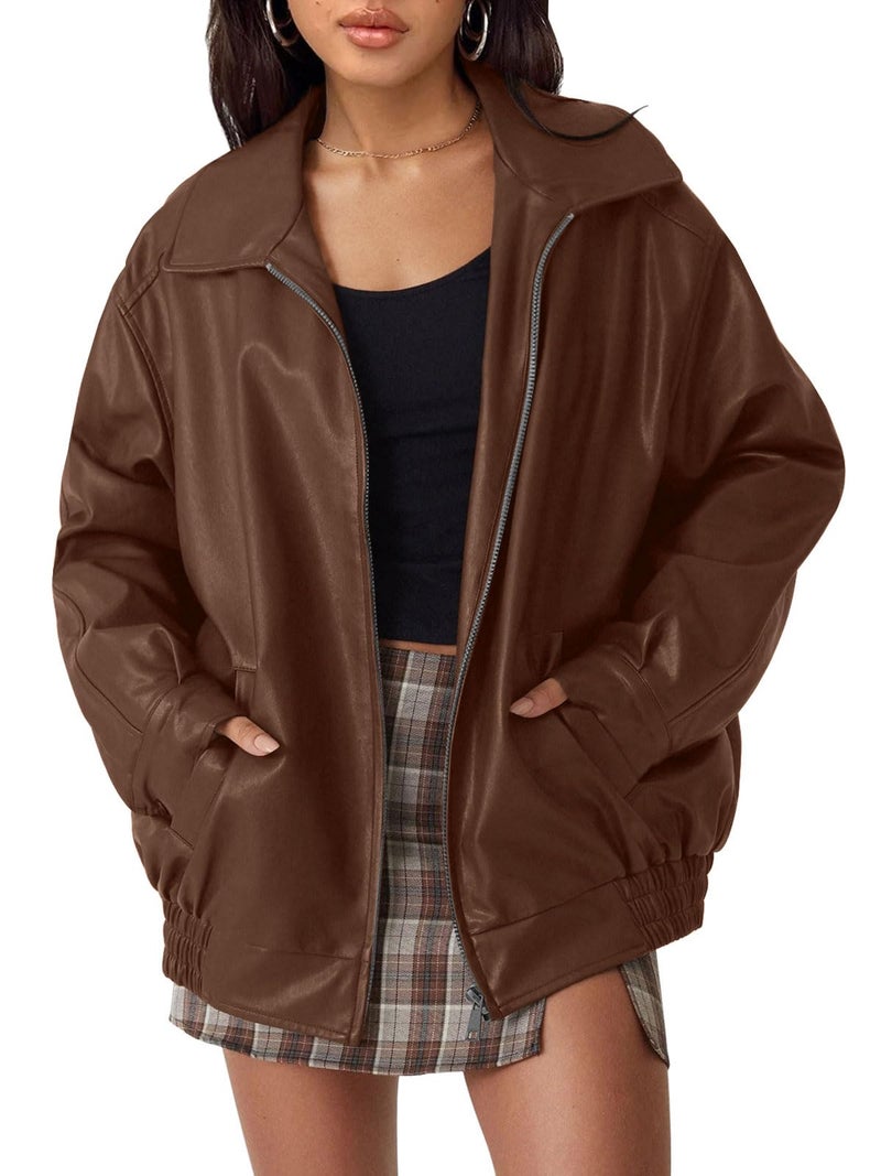 AUTOMET Womens Oversized Leather Jackets Faux Suede Fall Fashion Motorcycle Coats Winter Outfits Clothes Y2k Tops Caramel M - Image 1