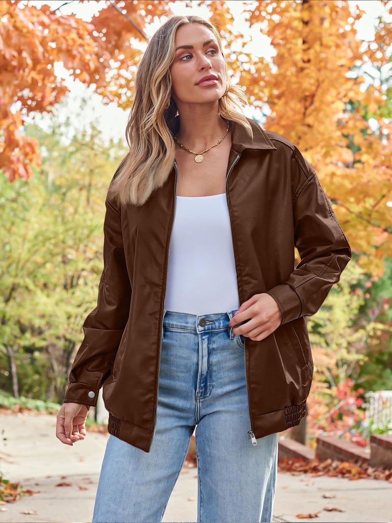 AUTOMET Womens Oversized Leather Jackets Faux Suede Fall Fashion Motorcycle Coats Winter Outfits Clothes Y2k Tops Caramel M - Image 2