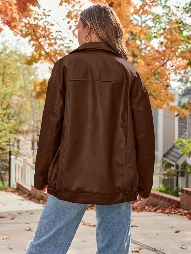 AUTOMET Womens Oversized Leather Jackets Faux Suede Fall Fashion Motorcycle Coats Winter Outfits Clothes Y2k Tops Caramel M - Image 4