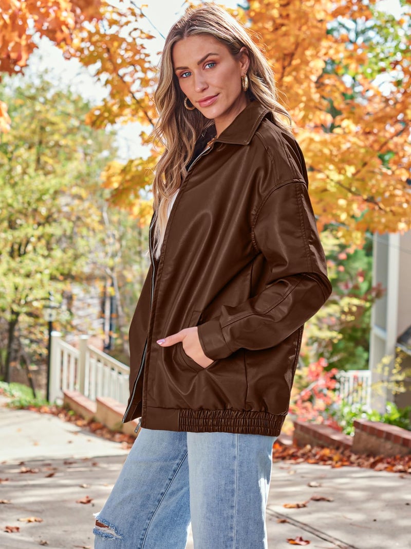 AUTOMET Womens Oversized Leather Jackets Faux Suede Fall Fashion Motorcycle Coats Winter Outfits Clothes Y2k Tops Caramel M - Image 3