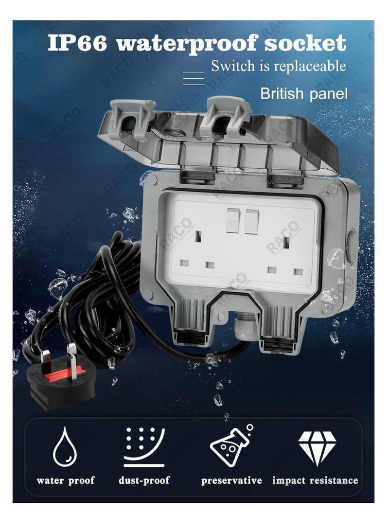 RACO RACO Waterproof Socket Extension Board | Heavy-Duty Cable Power Cord Socket Cover | IP66 Rated 13A UK Plug,220-250V Socket, Ideal for Various Outdoor Uses Double Socket  - Image 3